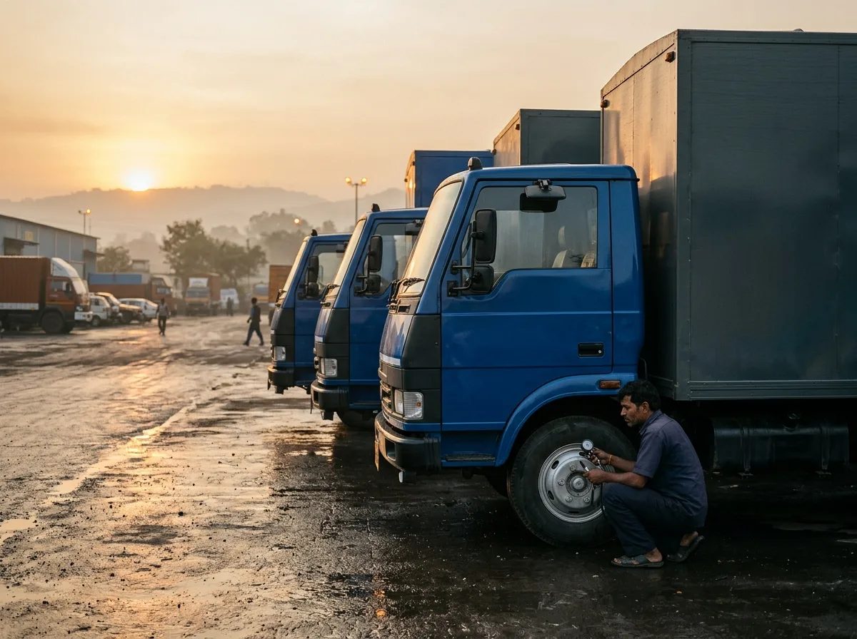 Trucks lined up at a logistics hub before sunrise.