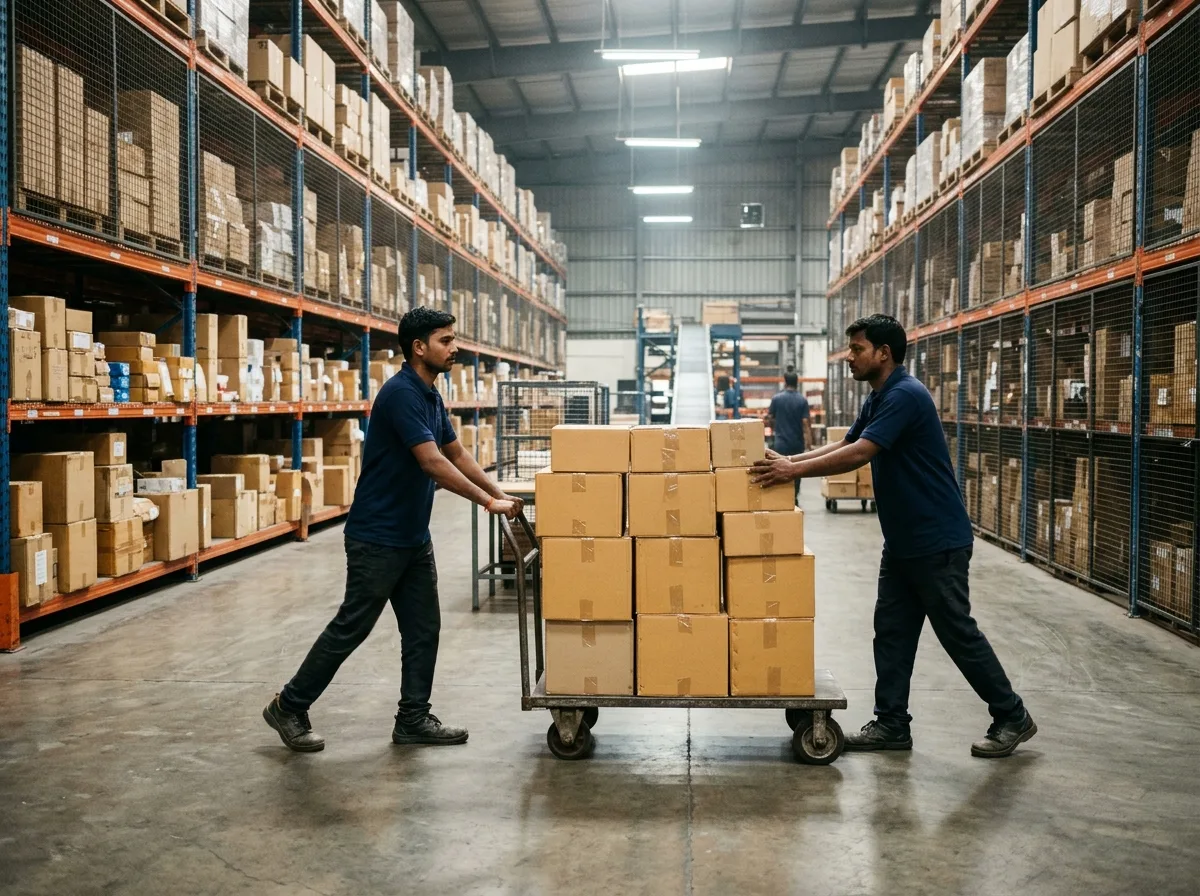 Workers moving cartons between pallet racks inside a warehouse.