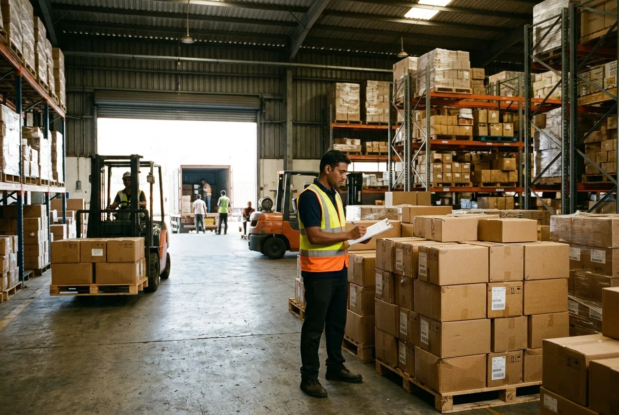 A warehouse supervisor checking a pallet while a forklift loads a truck.